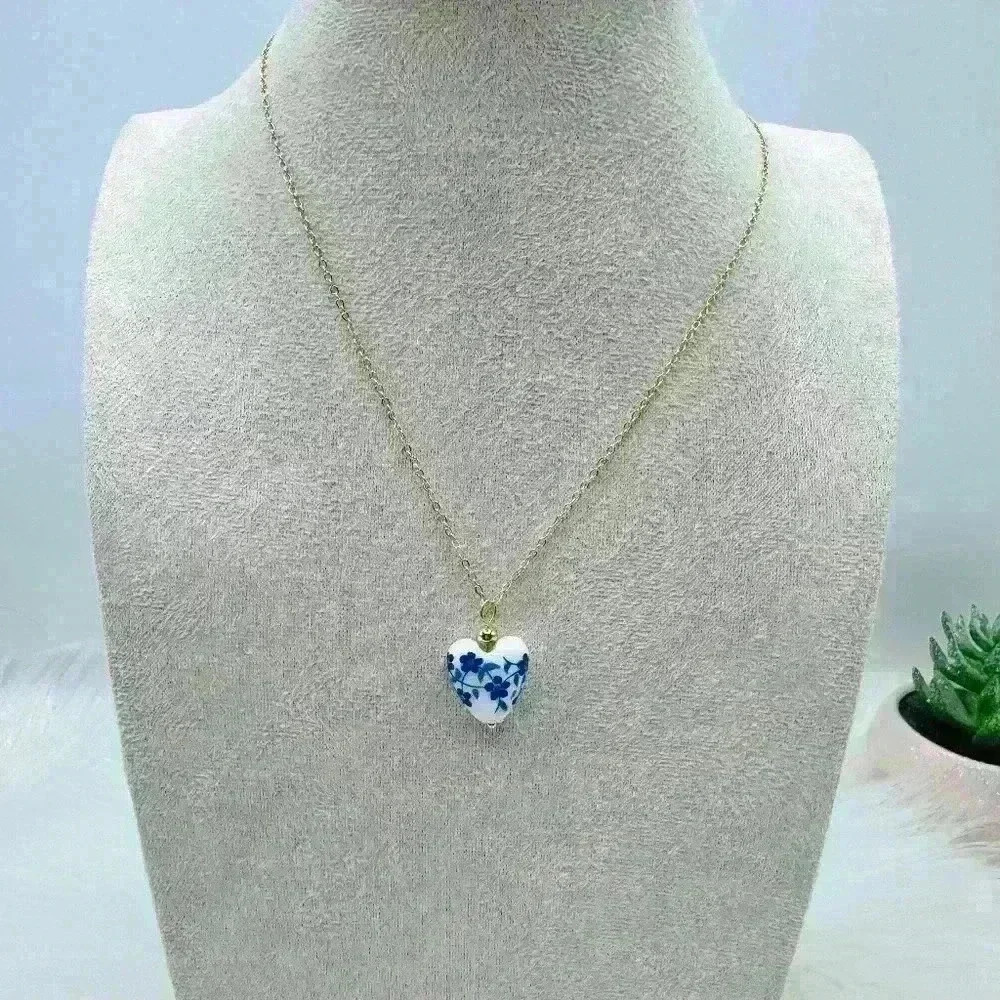 Vintage Porcelain Heart Pendant Necklace